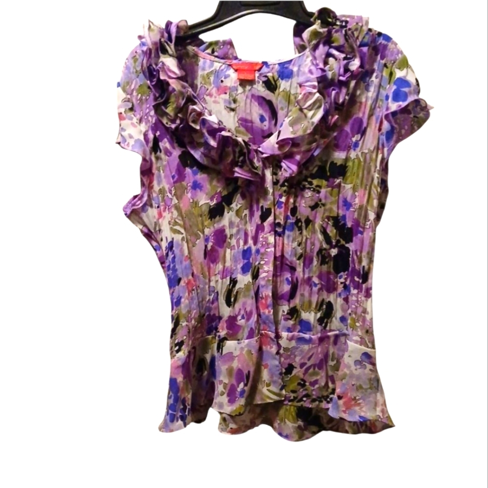 Sunny Leigh Floral Ruffle Blouse - Purple and Green